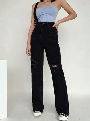 Washed Straight Slim Fit High Waist Ripped Wide Leg Denim Jeans