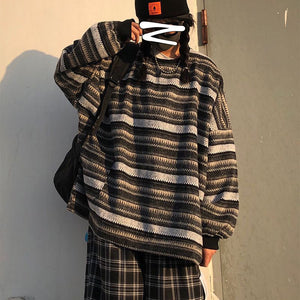 Retro 90s Color Block Tribal Stripe Slouchy Baggy Long Sleeve Sweater