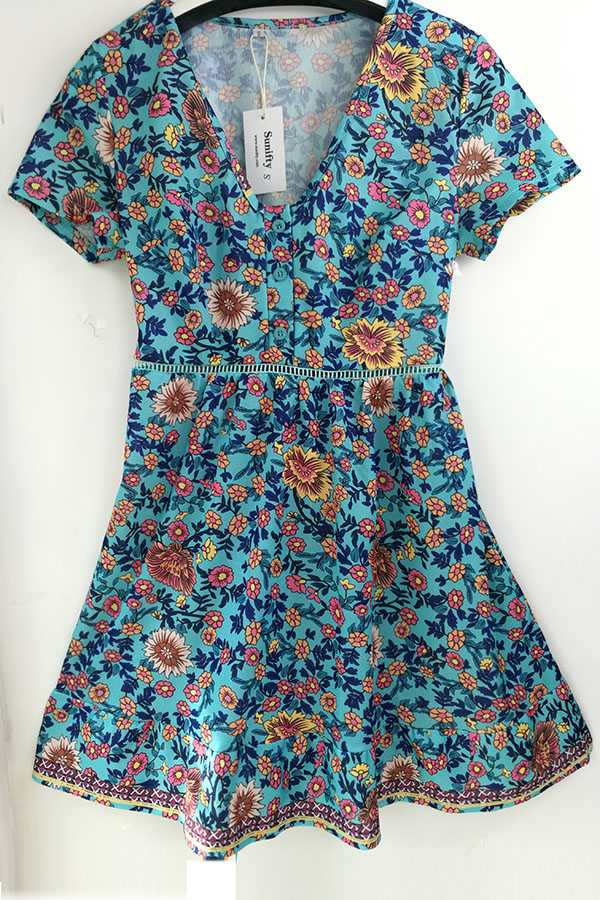 Trimming Boho Floral Button Down Flowy Mini Dress