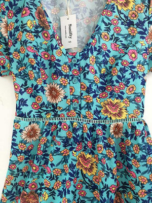 Trimming Boho Floral Button Down Flowy Mini Dress