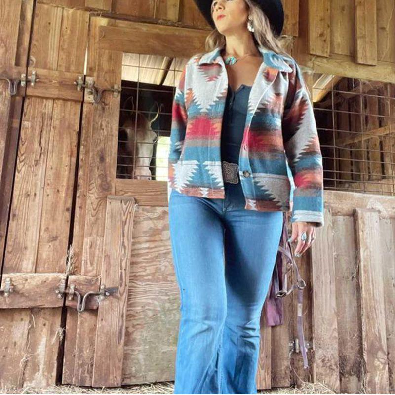 Native Tribal Western American Aztec Print Pattern Jacket Houndstooth Shacket