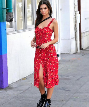 Casual Corset Red Fleur Floral Ruffle Strap Button Up Floral Dress