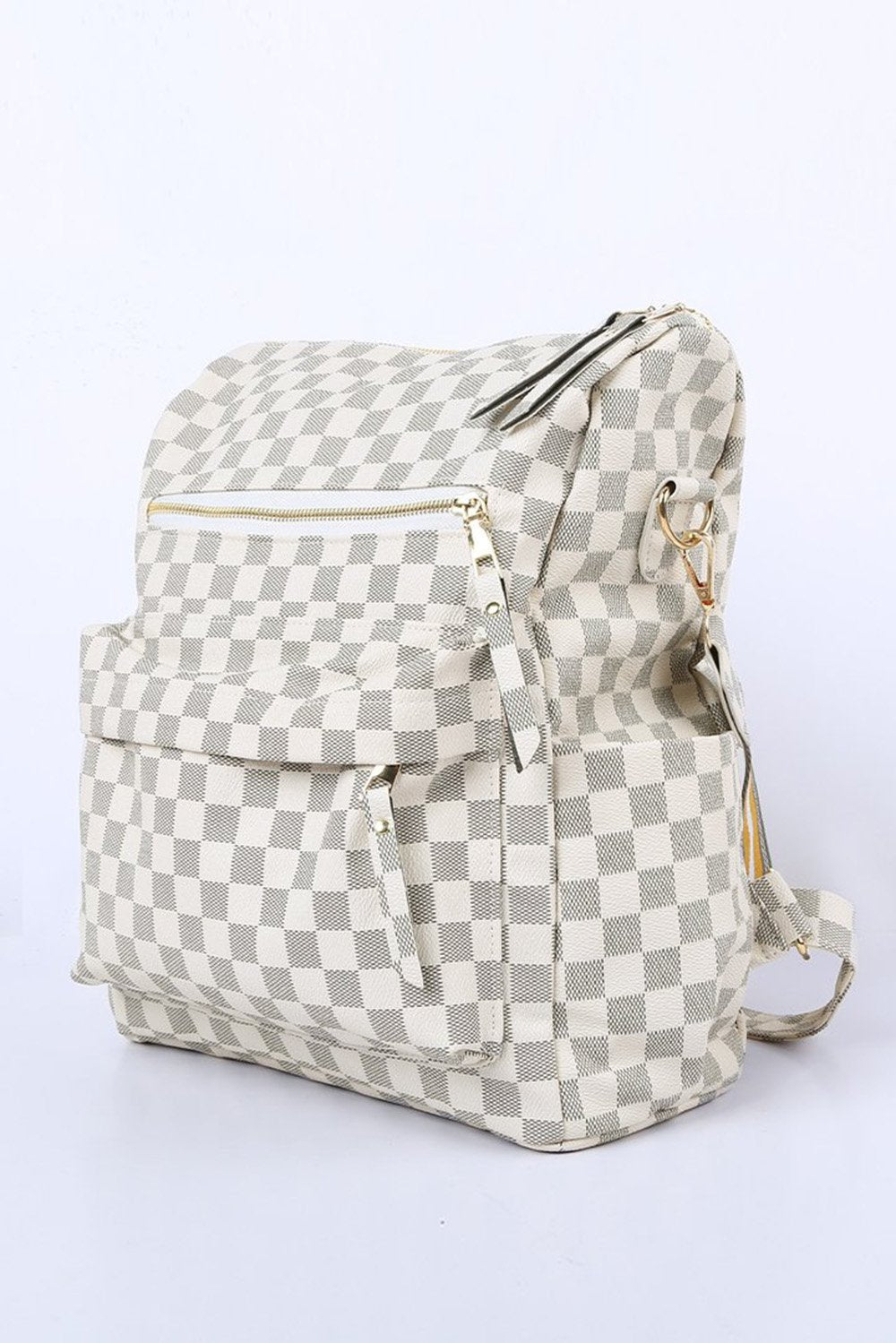 Retro Faux Leather Check Pattern Print Rucksack Vegan Backpack Tote