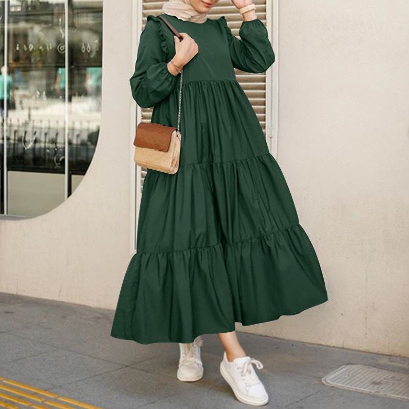 Abaya Baju Raya Muslim Long Sleeve Ruffled Tiered Midi Long Dress – sunifty