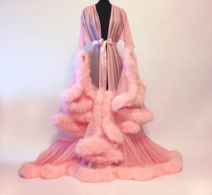 Seductive Faux Fur Pom Pom Sheer Mesh Nightgown Pajama Robe sunifty