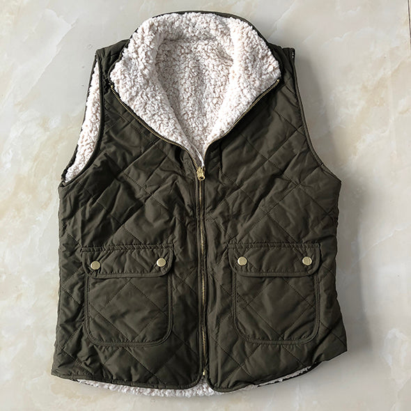 Reversible Cotton Faux Fur Lined Sherpa Shearling Vest With Pockets
