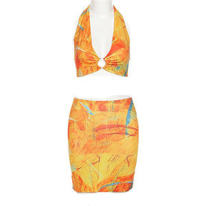 Retro Color Block Tie Back Halter Neckline O Ring Two Piece Dress Set