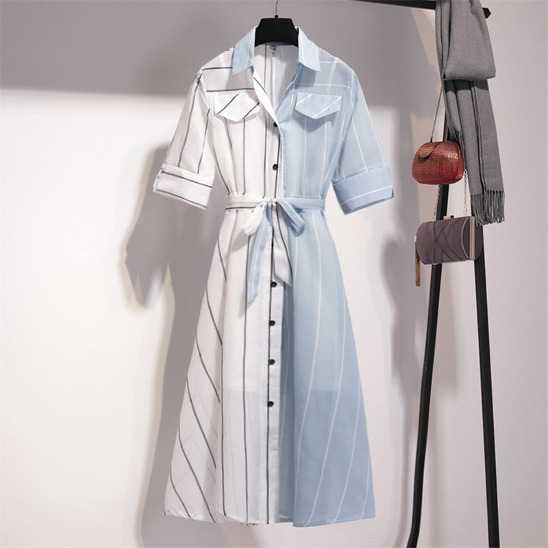 Two Piece Slimming Stripe Color Block Midi Shirt Dress