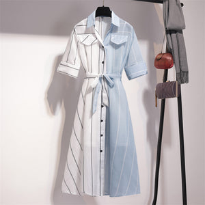 Two Piece Slimming Stripe Color Block Midi Shirt Dress