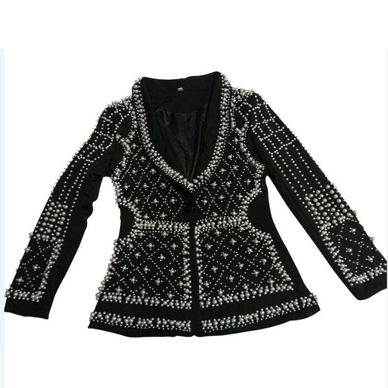 Classy Brand Full Embellishments Beaded One Button Black Blazer