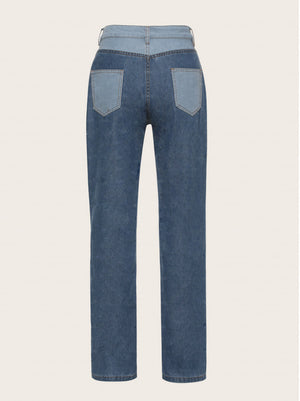 Patchwork Stitch Color Block Slim Fit Straight Leg Jeans Ripped Denim Pants