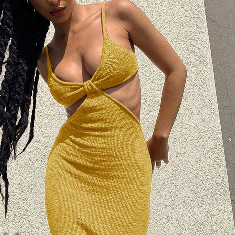 Sultry Rib Knit Side Cut Out Knotted Bandage Spaghetti Strap Sleeveless Maxi Bodycon Dress
