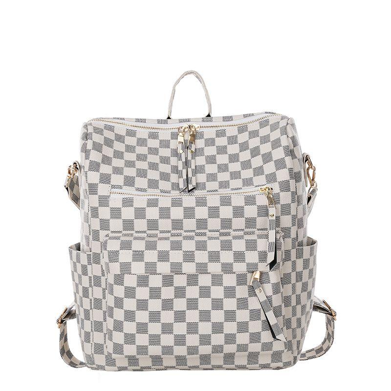 Retro Faux Leather Check Pattern Print Rucksack Vegan Backpack Tote