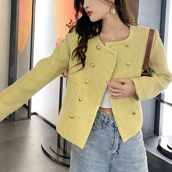 Wool Blended Classy Double Breast Tweed Short Blazer Jacket