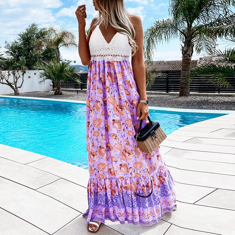 Hawaiian Boho Crochet Halter Tassel Floral Maxi Beach Flare Hem Dress