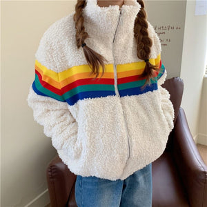 Rainbow Striped Knitted Teddy Fleece Sweatshirt Pullover Jumper