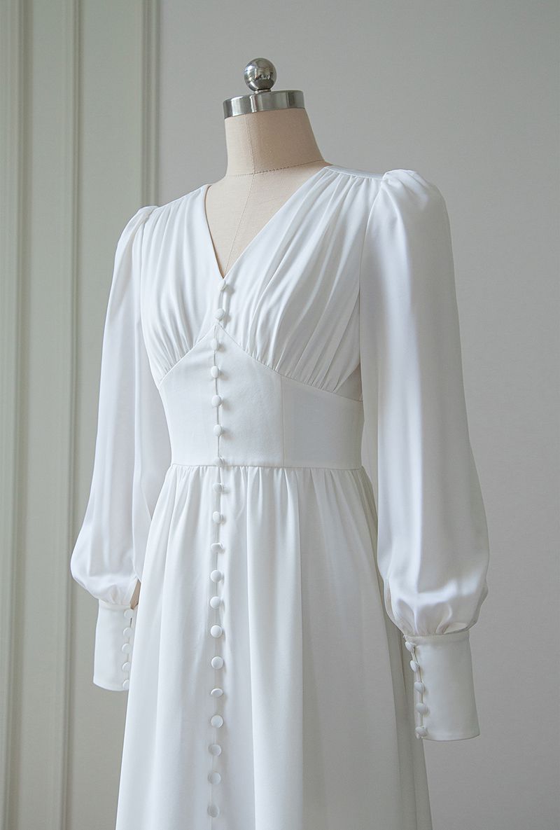 Glossy Retro Button Lantern Sleeve Satin Flowy Nye Midi Dress – sunifty