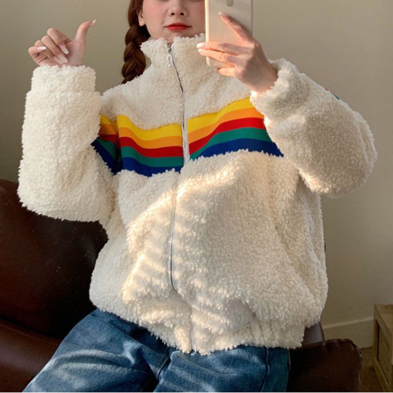 Rainbow Striped Knitted Teddy Fleece Sweatshirt Pullover Jumper