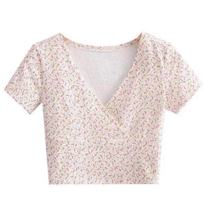 Ditsy Hibiscus Floral Print Crossover V-neck Short Sleeve Crop Tee Cropped Fit Top