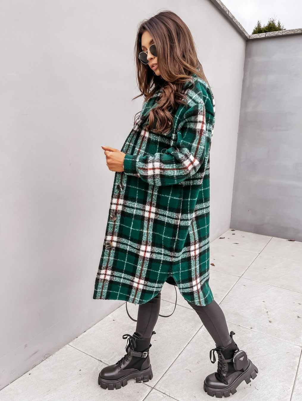 Wool Blend Longline Plaid Shacket Long Checked Overcoat