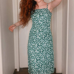 Hawaiian Ditsy Hibiscus Print Flowery Girl Midi Floral Garden Dress Side Slit