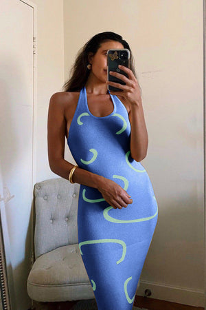 Floral Tie Up Knitted Halter Midi Dress