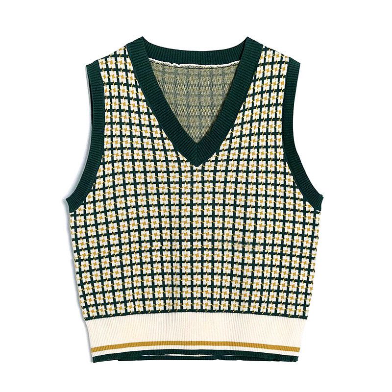 Color Block Oversized Dogtooth Sleeveless Knit Vest Jumper