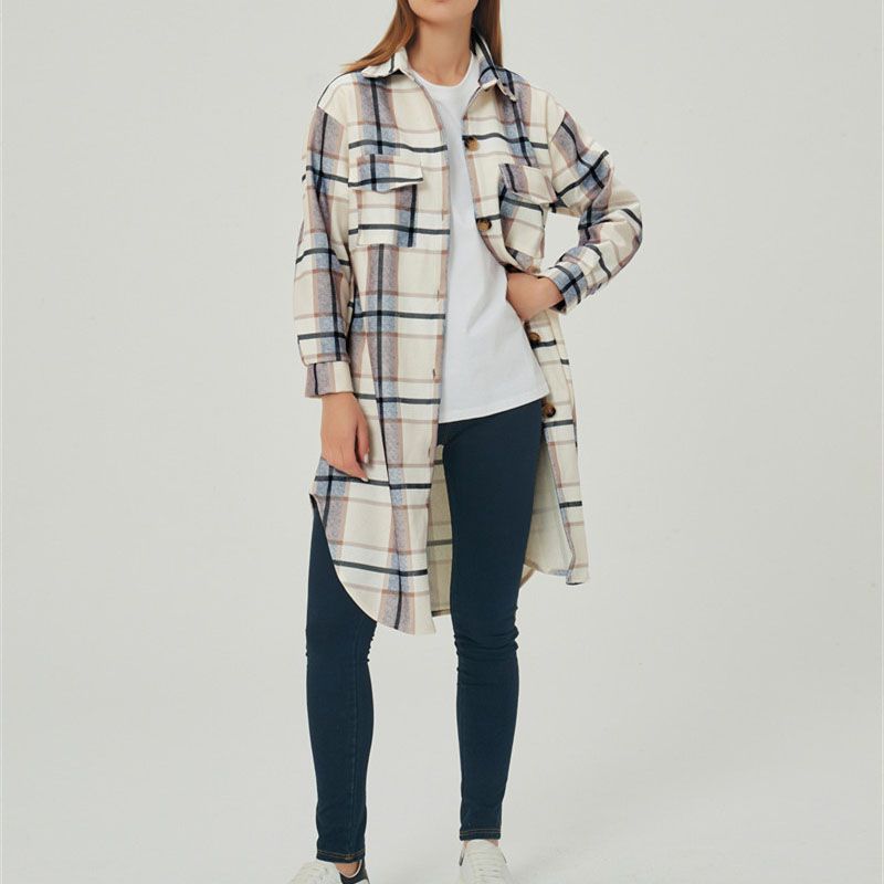 Wool Blend Longline Plaid Shacket Long Checked Overcoat