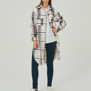 Wool Blend Longline Plaid Shacket Long Checked Overcoat