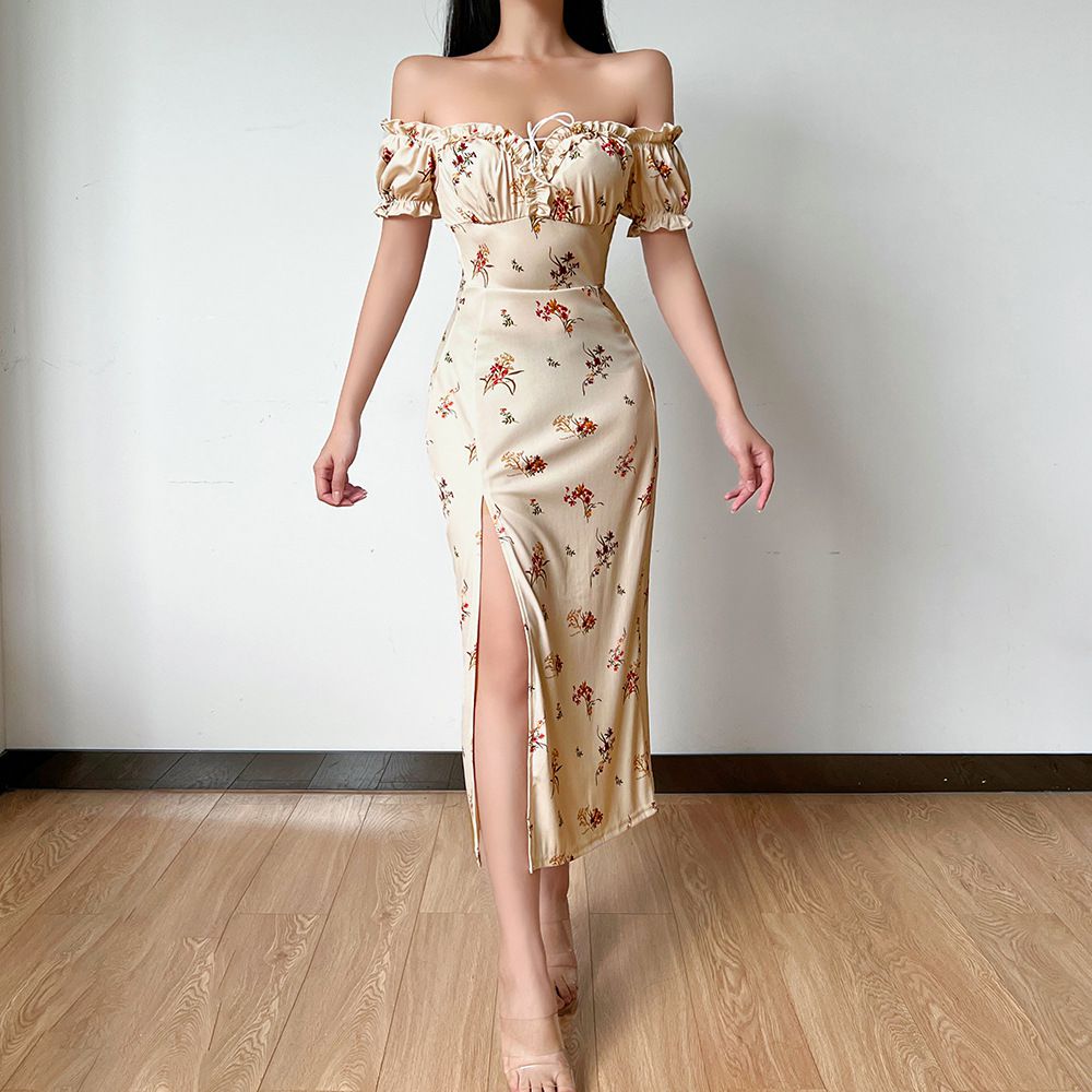 Vintage Floral Afternoon Tea Garden Off Shoulder High Slit Cottage Core Dress