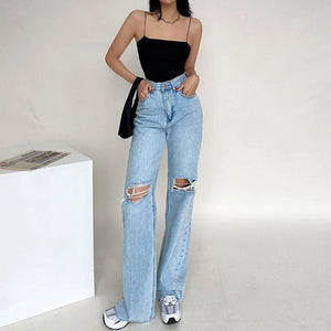 Washed Straight Slim Fit High Waist Ripped Wide Leg Denim Jeans