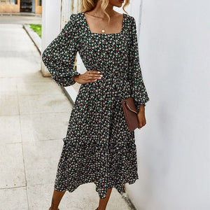 Stretchy Square Neck Garden Floral Print Swing Ruffle Midi Dress