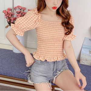 Gingham Checked Ruffle Hem Shirred Crop Top Blouse