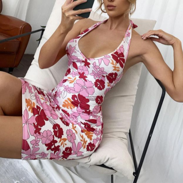 Hibiscus Garden Peony Flowers Hawaiian Floral Print V Halter Neck Bodycon Dress
