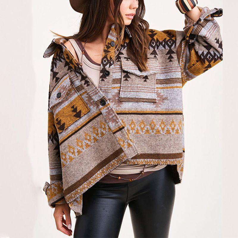 Native Tribal Western American Aztec Print Pattern Jacket Houndstooth Shacket