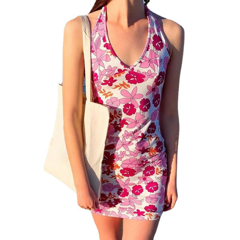 Hibiscus Garden Peony Flowers Hawaiian Floral Print V Halter Neck Bodycon Dress