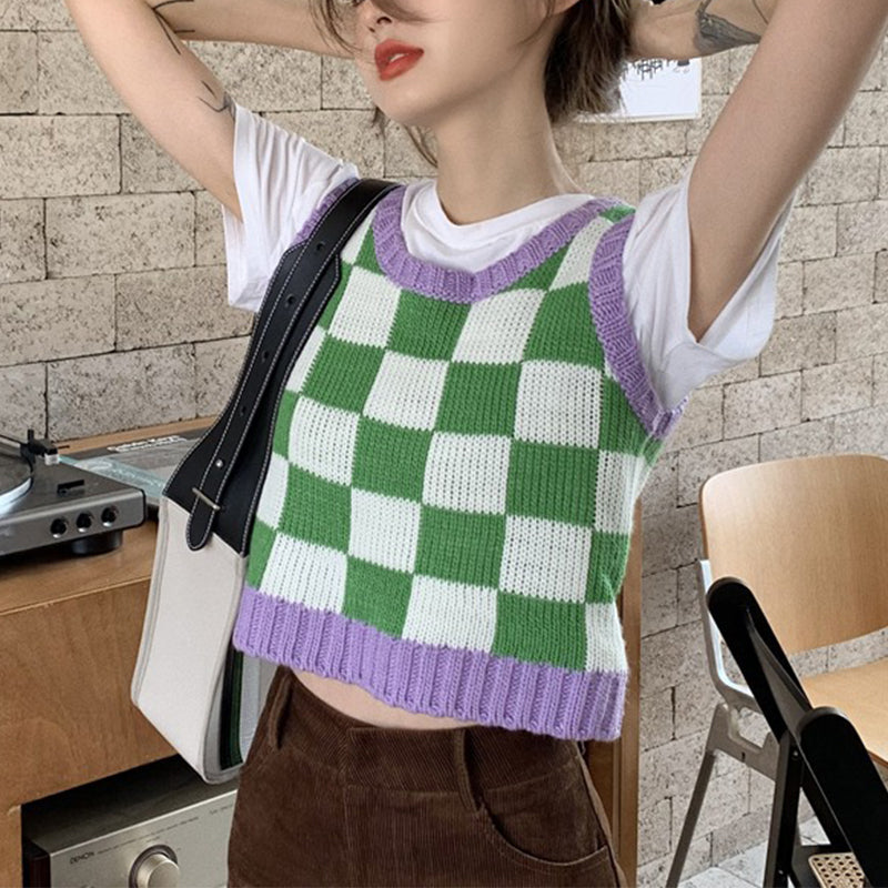Color Block Ribbed Trimmed Check Knit Vest Cropped Sleeveless Tank Jumper