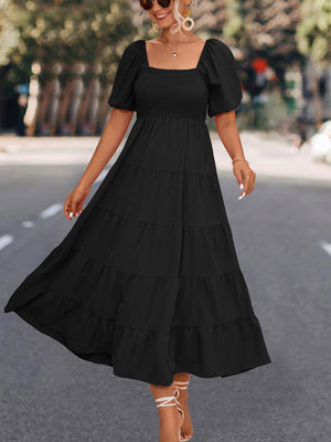 Short Casual Puff Sleeve A Line Smocked Mini Dress