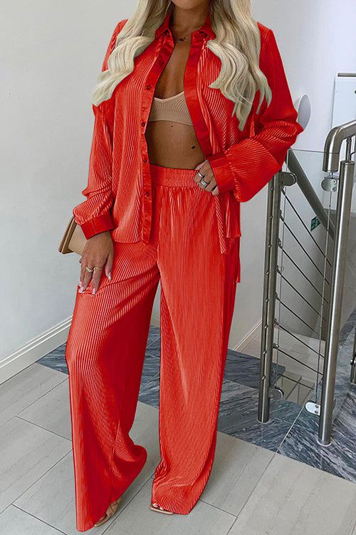 Casual Loose Pleated Collared Shirt And Wide Leg Trousers Loungewear Set