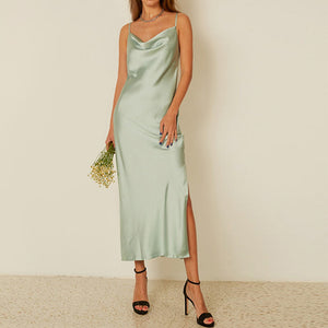 Cute Solid Color Cowl Neck Slip Long Satin Dress Low Back