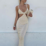 Sultry Rib Knit Side Cut Out Knotted Bandage Spaghetti Strap Sleeveless Maxi Bodycon Dress
