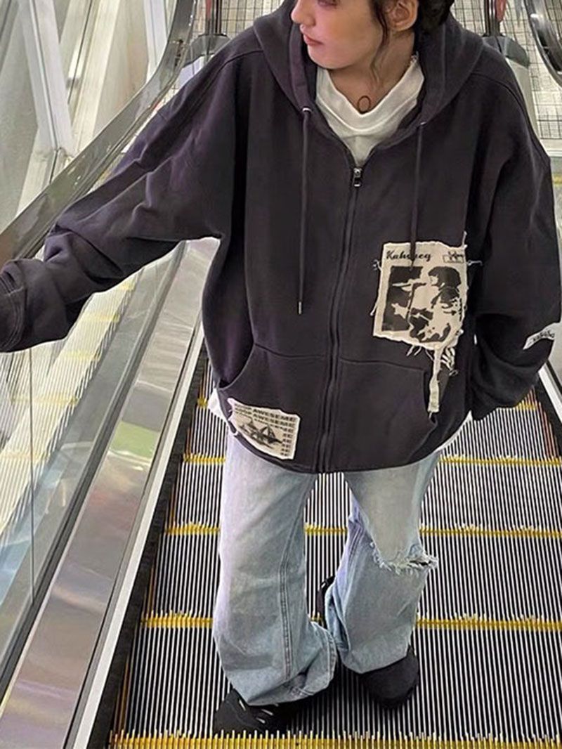 Unisex Graphic Patched Black Fuller Zipper Up Hoodie Sweatshirt Jacket