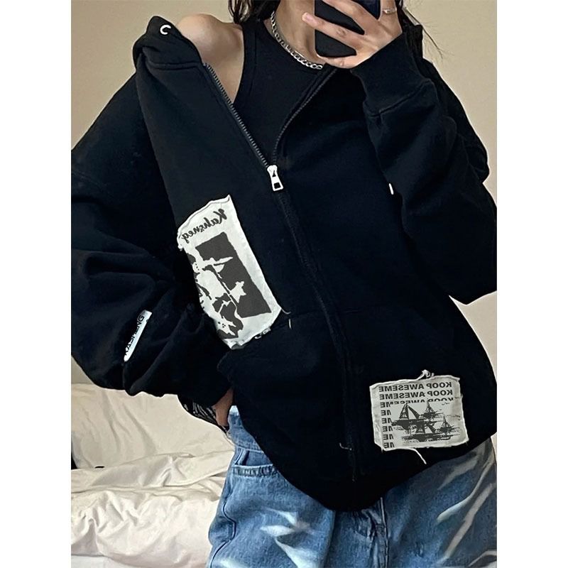 Unisex Graphic Patched Black Fuller Zipper Up Hoodie Sweatshirt Jacket