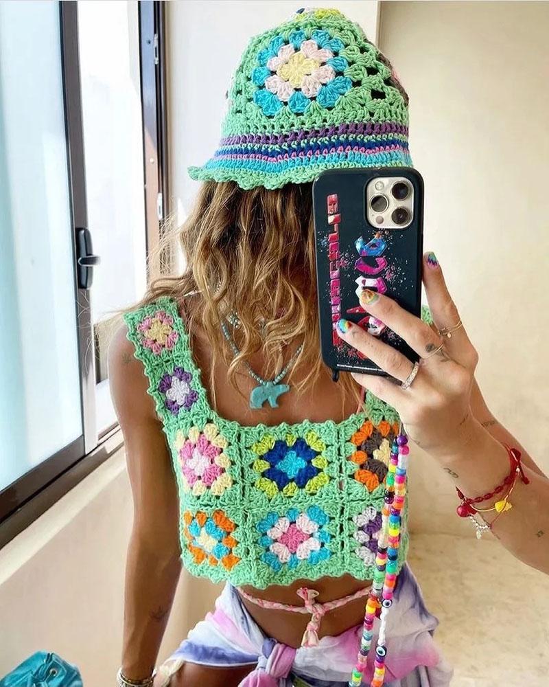 Bohemian Rainbow Crochet Flower Crop Top Rhombus Knitted Pattern Cami