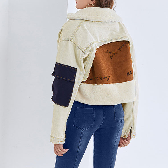 Color Block Patchwork Faux Fur Borg Sherpa Denim Jacket with Fur Collar