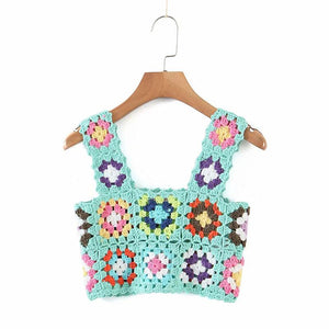 Bohemian Rainbow Crochet Flower Crop Top Rhombus Knitted Pattern Tank