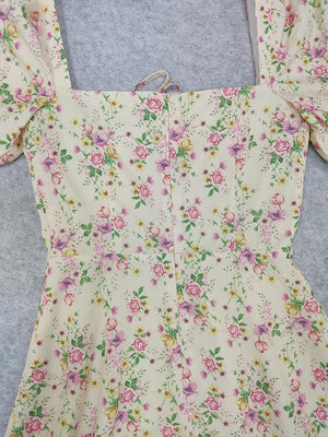 Boho Flower Garden Floral PUFF SLEEVE Square Neck Side Thigh Split Midi Dress