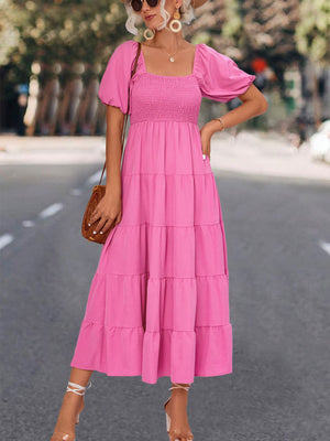 Short Casual Puff Sleeve A Line Smocked Mini Dress
