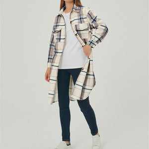 Wool Blend Longline Plaid Shacket Long Checked Overcoat