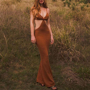 Sultry Rib Knit Side Cut Out Knotted Bandage Spaghetti Strap Sleeveless Maxi Bodycon Dress